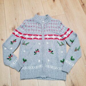 Vintage Dress Barn Womens Sweater Cardigan Size L Ugly Christmas Embroidered Zip